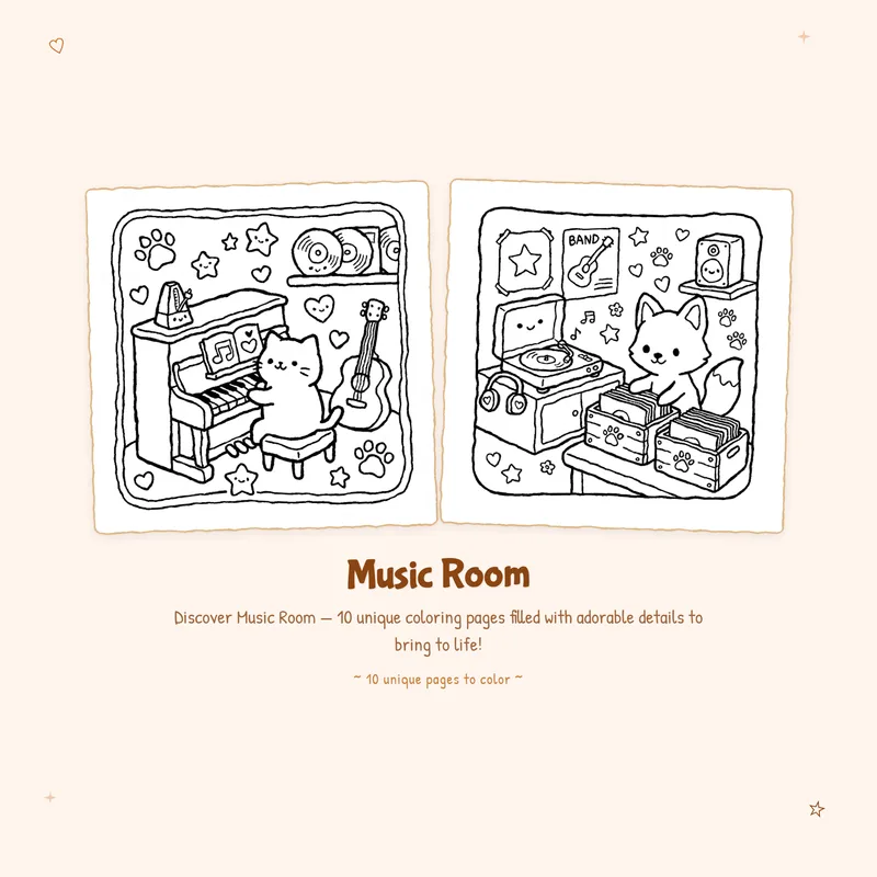 Music Room coloring book details showing bold outlines and easy designs on several sample pages for relaxing coloring