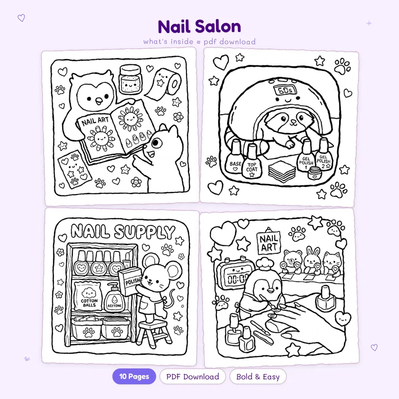 A four page preview grid of black and white Nail Salon coloring pages featuring cute hands and polish bottles