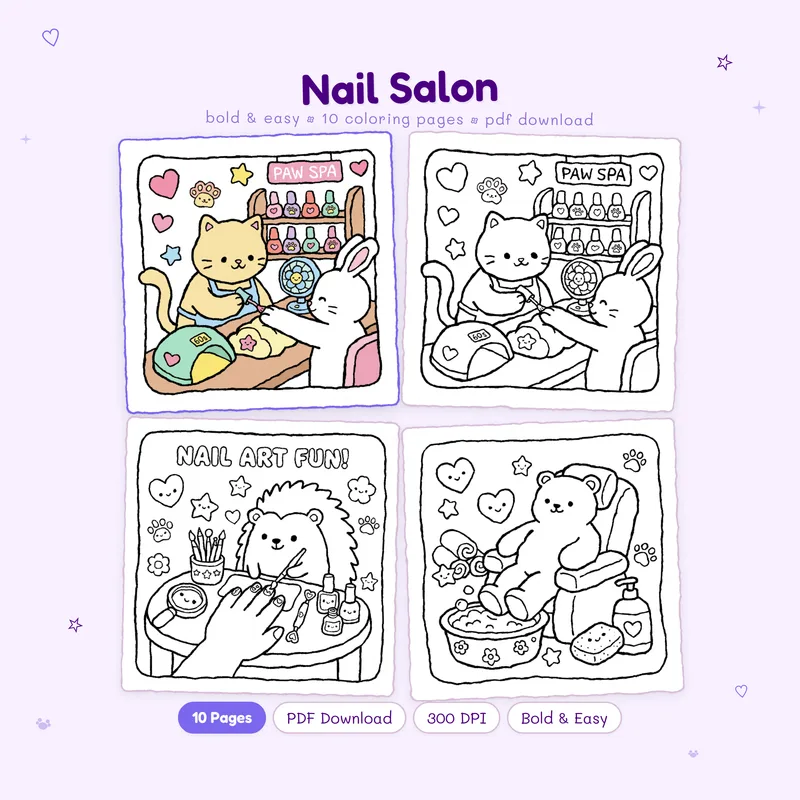 MiyoPages Nail Salon coloring book cover with one colored page and black and white preview pages for kids and adults