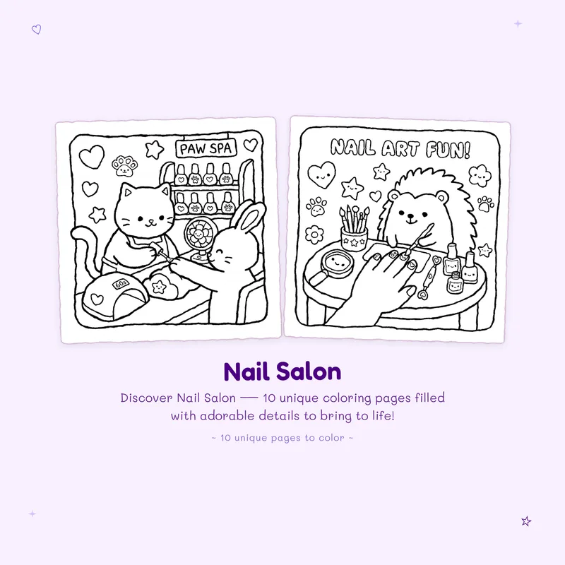 Sample Nail Salon coloring book pages showing easy designs and bold outlines perfect for simple creative fun