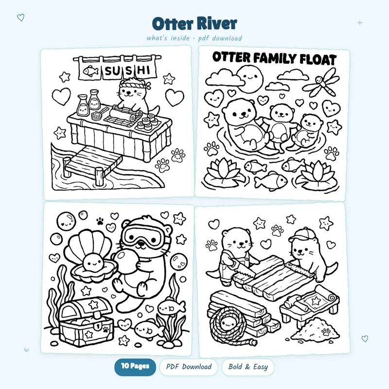 A four page grid of Otter River coloring pages with adorable otters swimming and playing in detailed river scenes