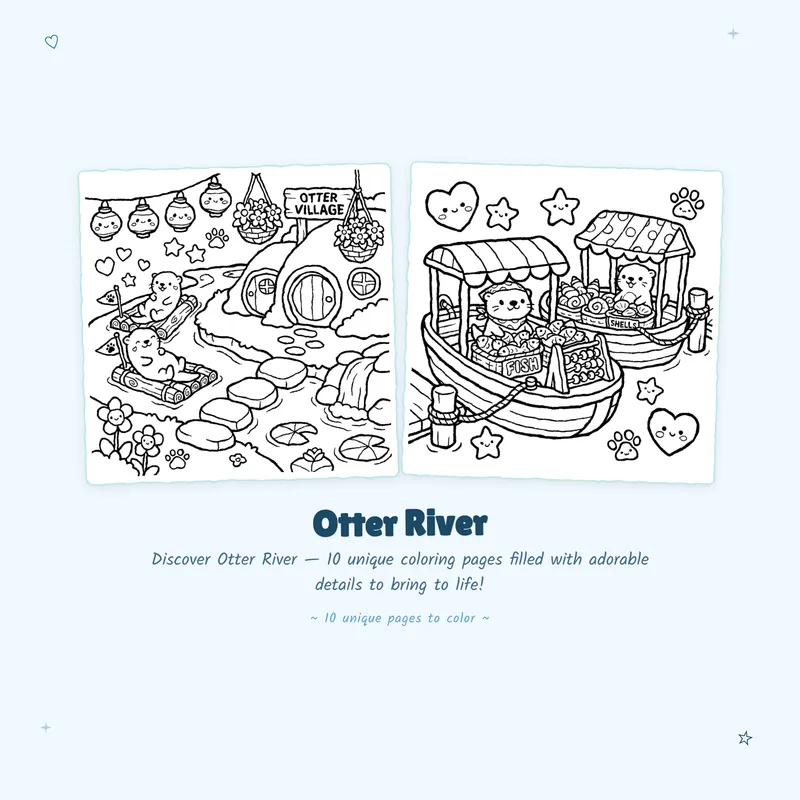 Otter River coloring book page highlights showing bold outlines and simple designs perfect for stress relief