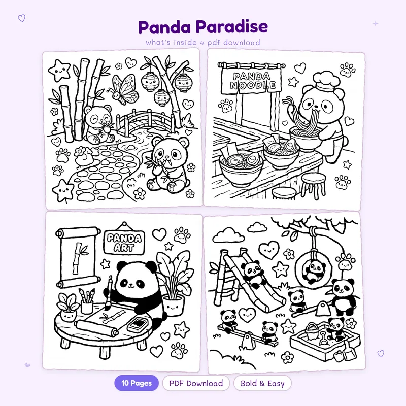 A grid of four Panda Paradise coloring pages with black and white illustrations of cute pandas in nature scenes