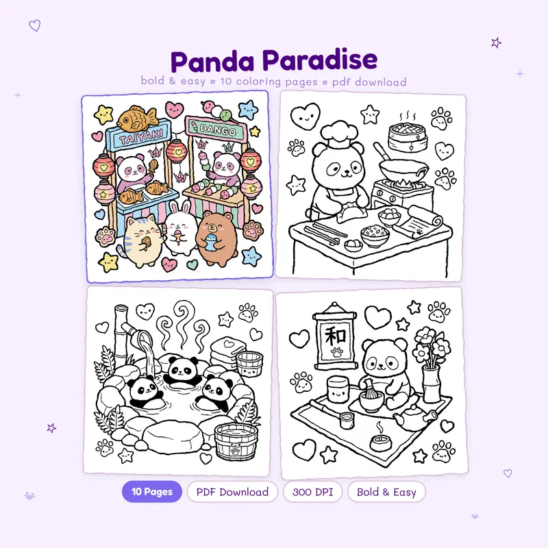 Panda Paradise coloring book by MiyoPages showing a cute cover with colored and black and white sample pages