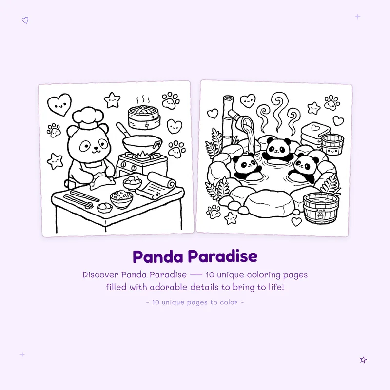 Panda Paradise coloring book preview with text about bold outlines and easy designs for stress free coloring