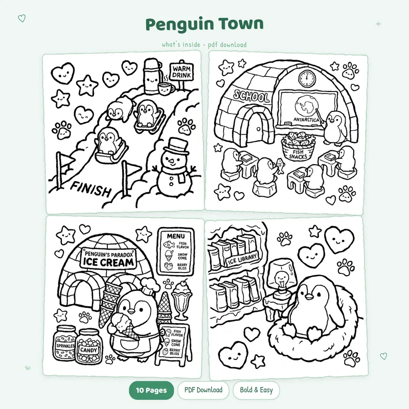 A four page grid showing cute Penguin Town coloring pages with adorable animal characters in black and white line art