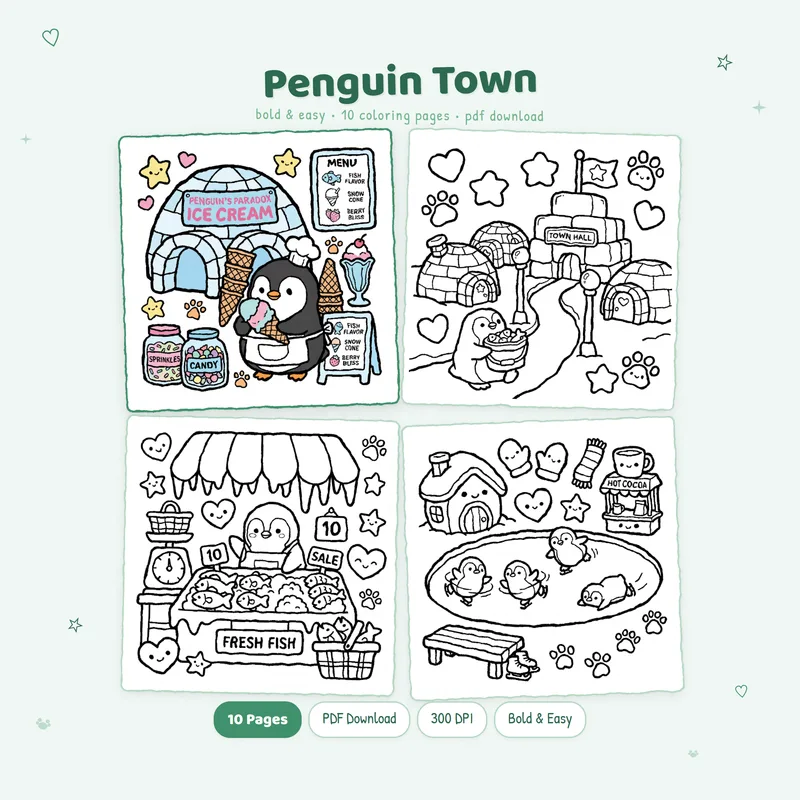 Penguin Town coloring book by MiyoPages with cute cover art and black and white animal life coloring pages previews
