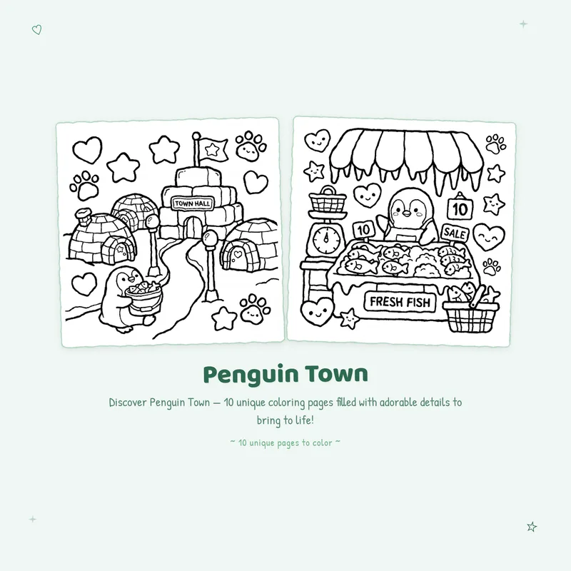 Easy Penguin Town coloring book pages with bold outlines and simple designs perfect for stress free animal life coloring