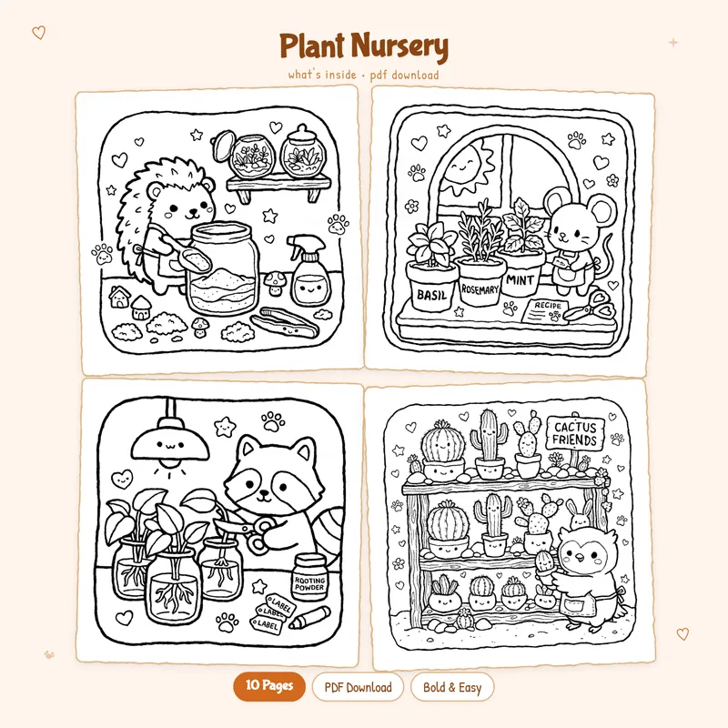 A four page grid of black and white plant nursery coloring pages featuring cute botanical garden scenes