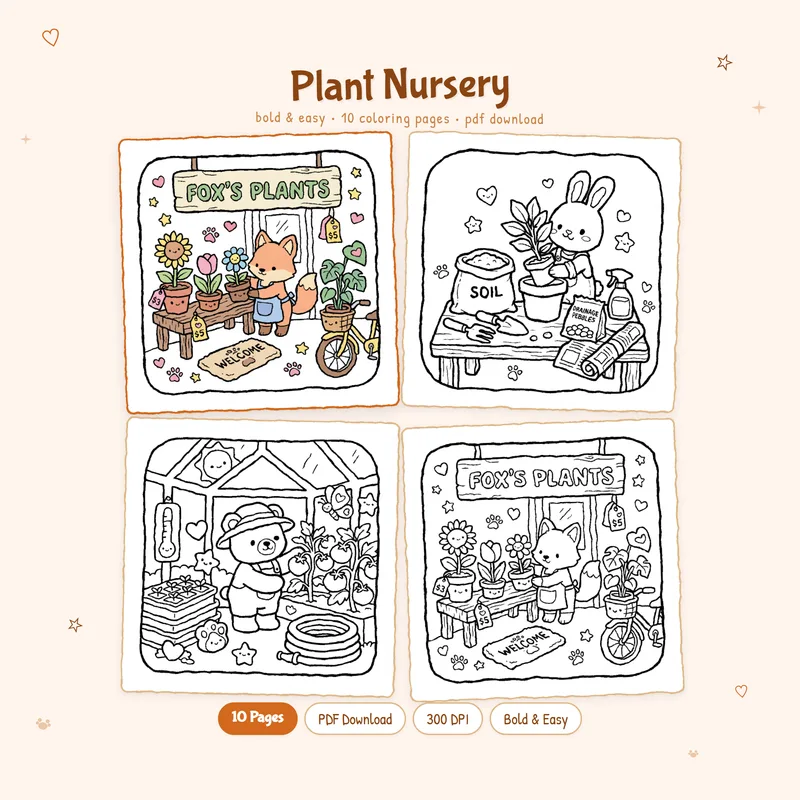 MiyoPages plant nursery coloring book showing a colored cover and black and white botanical coloring pages