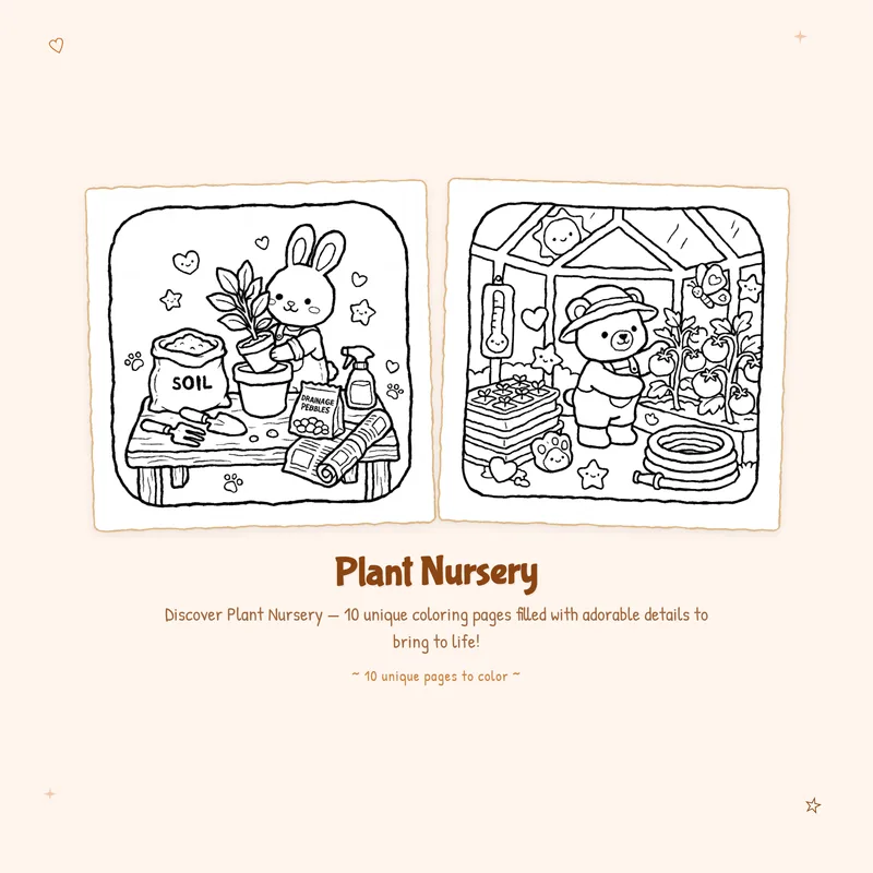 Cozy plant nursery coloring book designs with bold outlines and easy to color simple indoor garden scenes