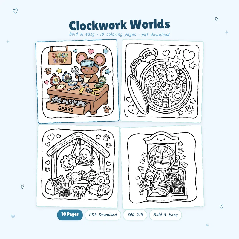 Clockwork Worlds coloring book by MiyoPages showing a colored sample and miniature art preview pages