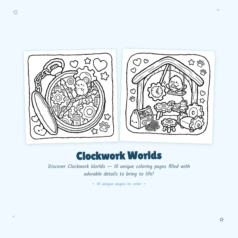 Clockwork Worlds coloring book pages featuring bold outlines and easy miniature art designs