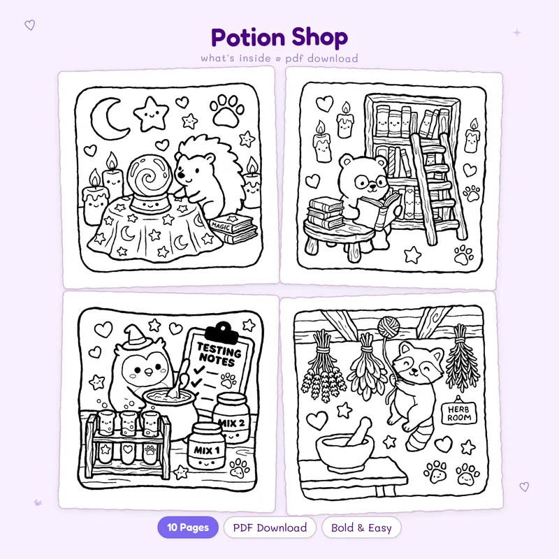 A grid showing four black and white Potion Shop coloring pages with cute magical fantasy illustrations