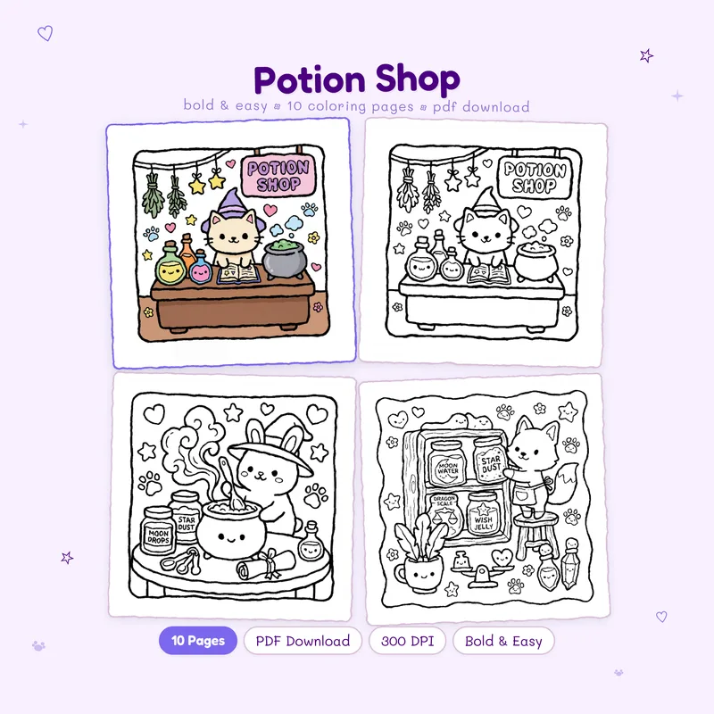 MiyoPages Potion Shop coloring book cover with one colored sample and three black and white previews