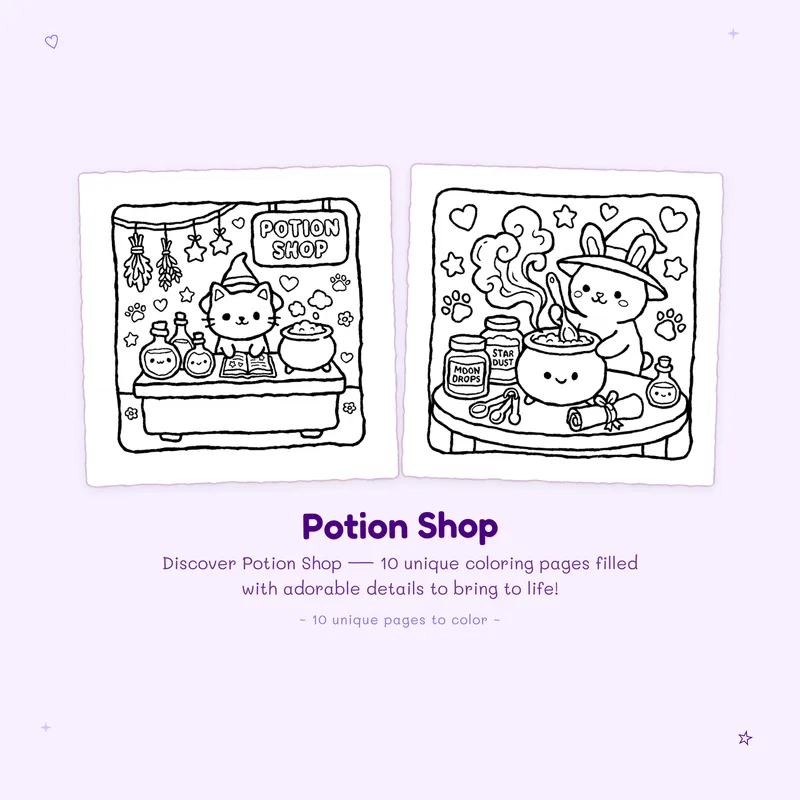Fantasy Potion Shop coloring book pages with bold outlines and simple designs for easy coloring