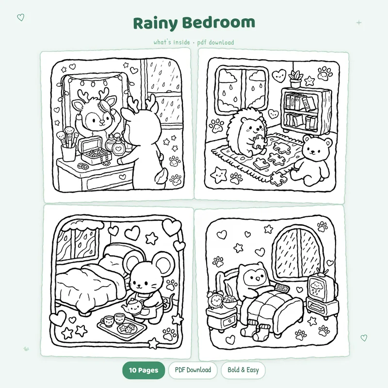 Four detailed Rainy Bedroom coloring pages in a 2x2 grid showing cozy aesthetic indoor scenes