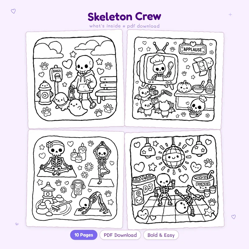 Four sample black and white Skeleton Crew coloring pages in a grid showing cute characters and spooky scenes