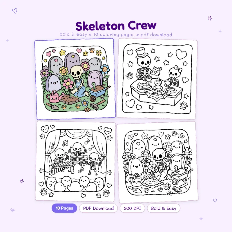 Skeleton Crew coloring book by MiyoPages featuring a cute skeleton cover with colored and black and white pages