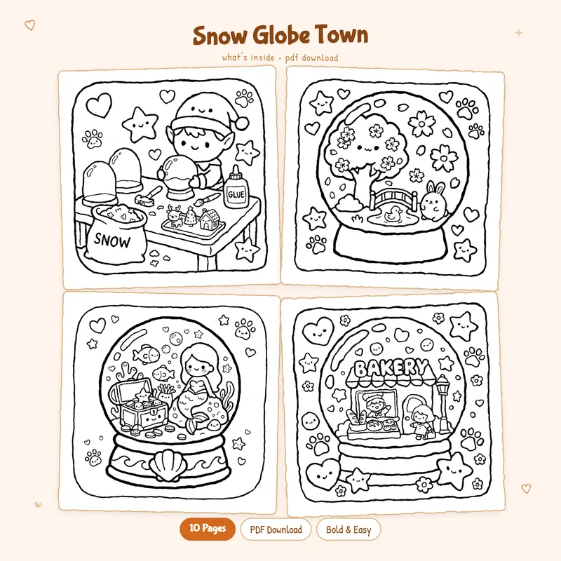 A 2x2 grid featuring four unique Snow Globe Town coloring pages with miniature houses and snowy winter landscapes