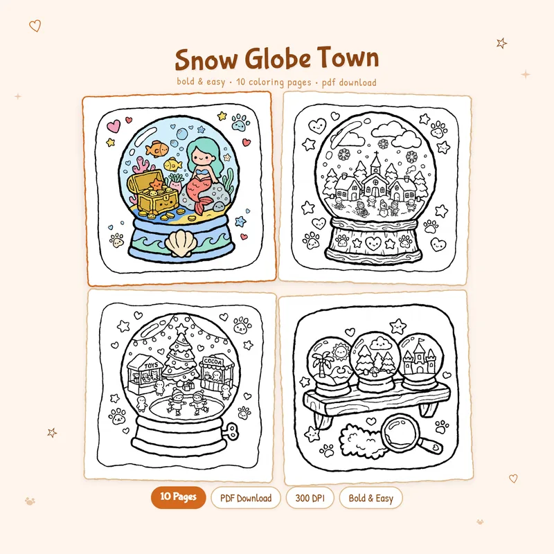 Snow Globe Town coloring book by MiyoPages showing a sample colored page and three black and white previews