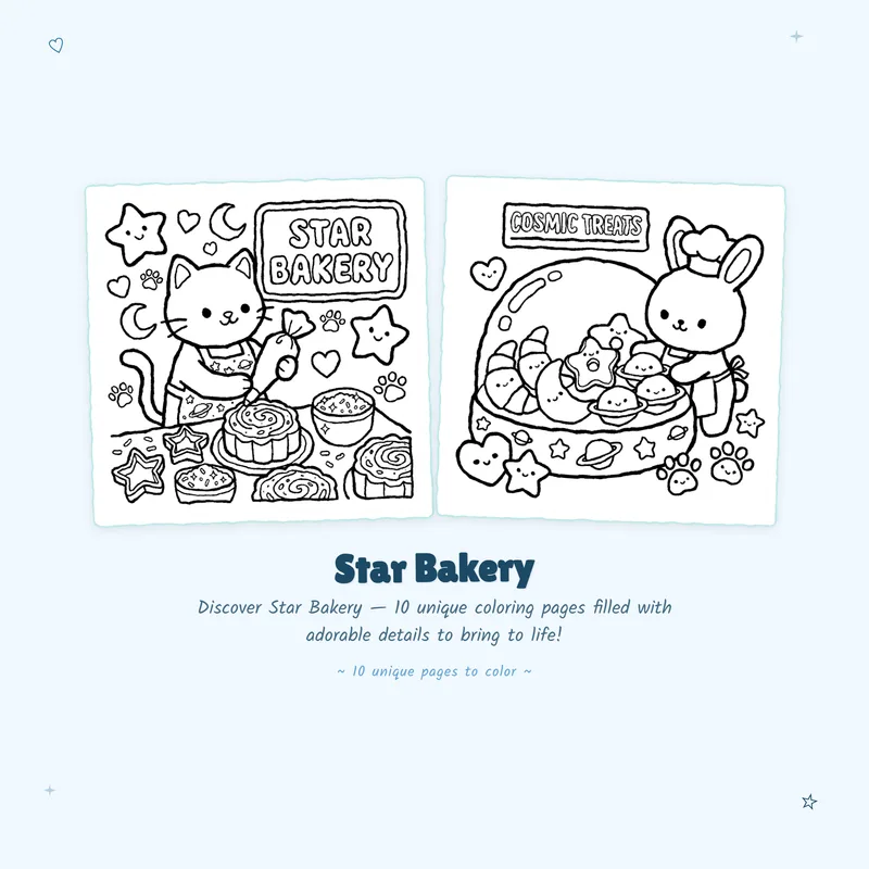 Kawaii Star Bakery coloring pages with easy designs and bold outlines for a relaxing celestial coloring experience