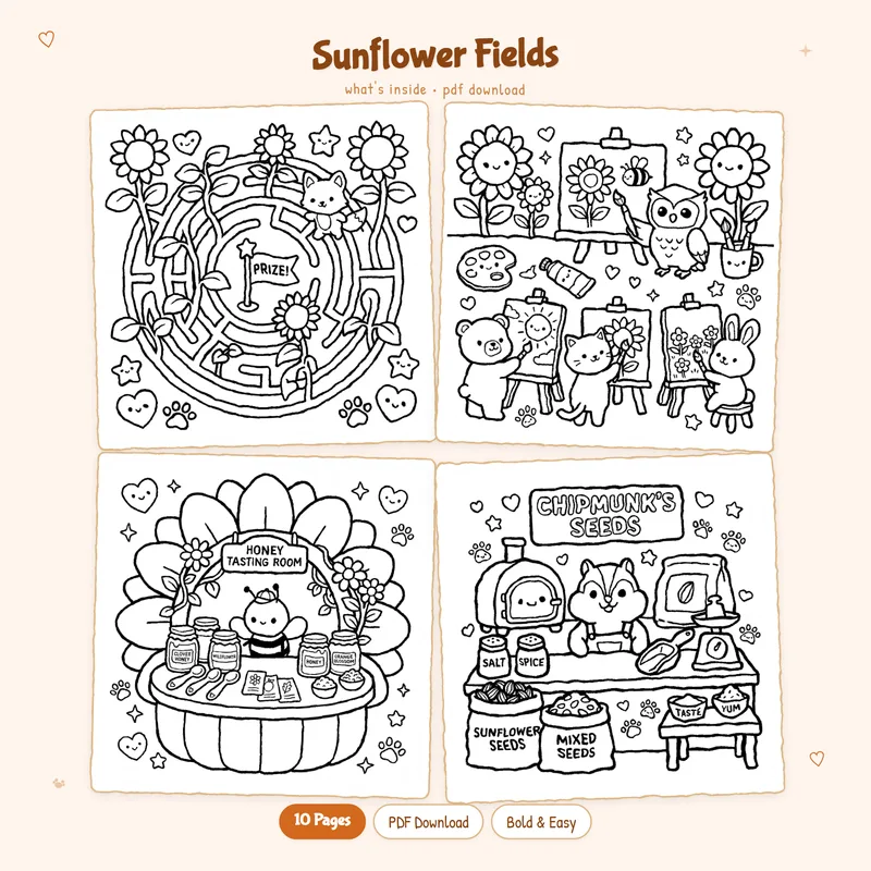 Four black and white Sunflower Fields coloring pages shown in a grid for plant lover art projects