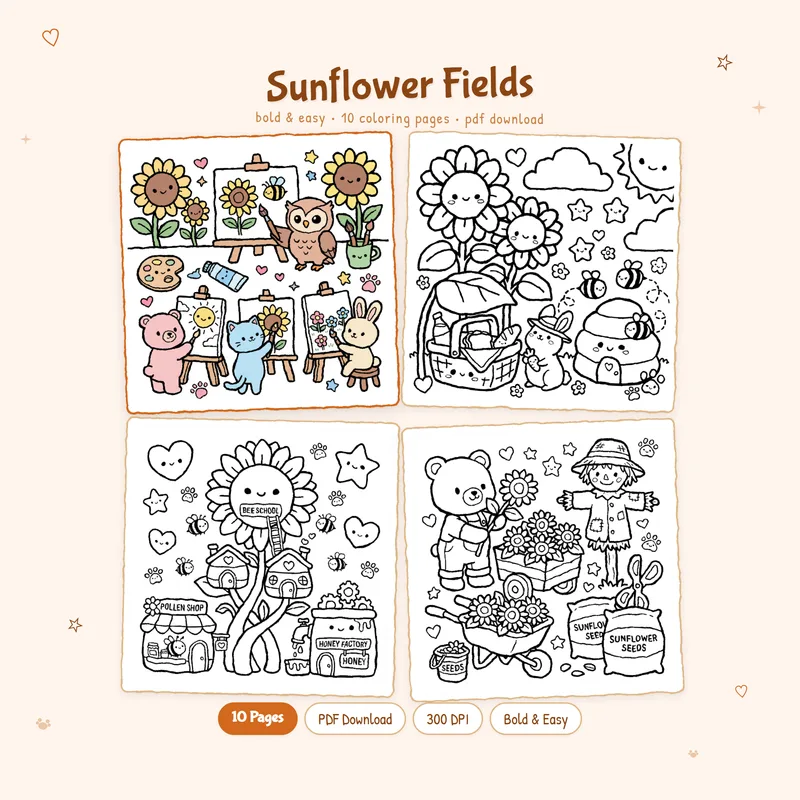 Sunflower Fields coloring book by MiyoPages featuring a cute cover and black and white garden pages