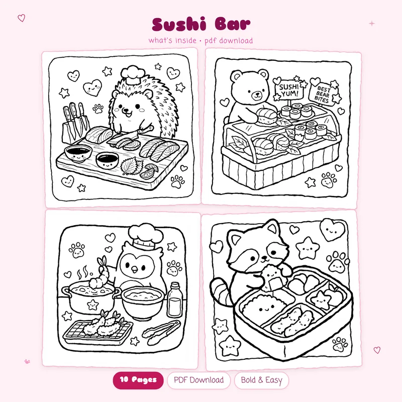 Four black and white kawaii Sushi Bar coloring pages featuring cute nigiri and rolls in a grid layout