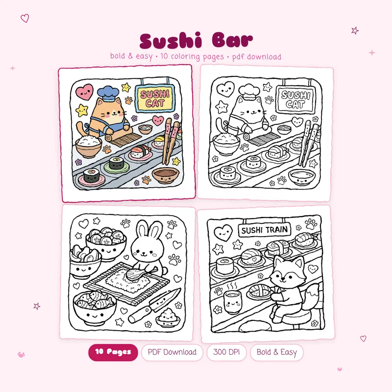 Sushi Bar coloring book cover by MiyoPages with colored and black and white kawaii food pages