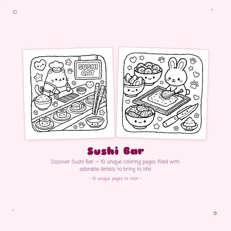 Detailed Sushi Bar coloring book pages showcasing bold outlines and easy designs for fun and relaxation