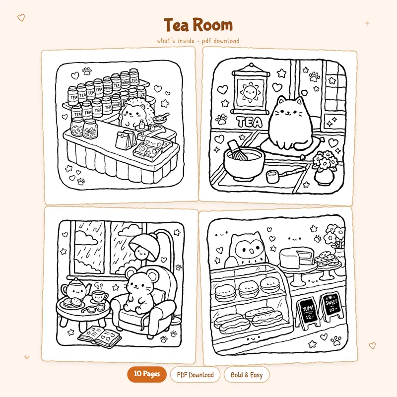 A four page grid showing black and white sample Tea Room coloring pages with cute and cozy interior scenes for adults