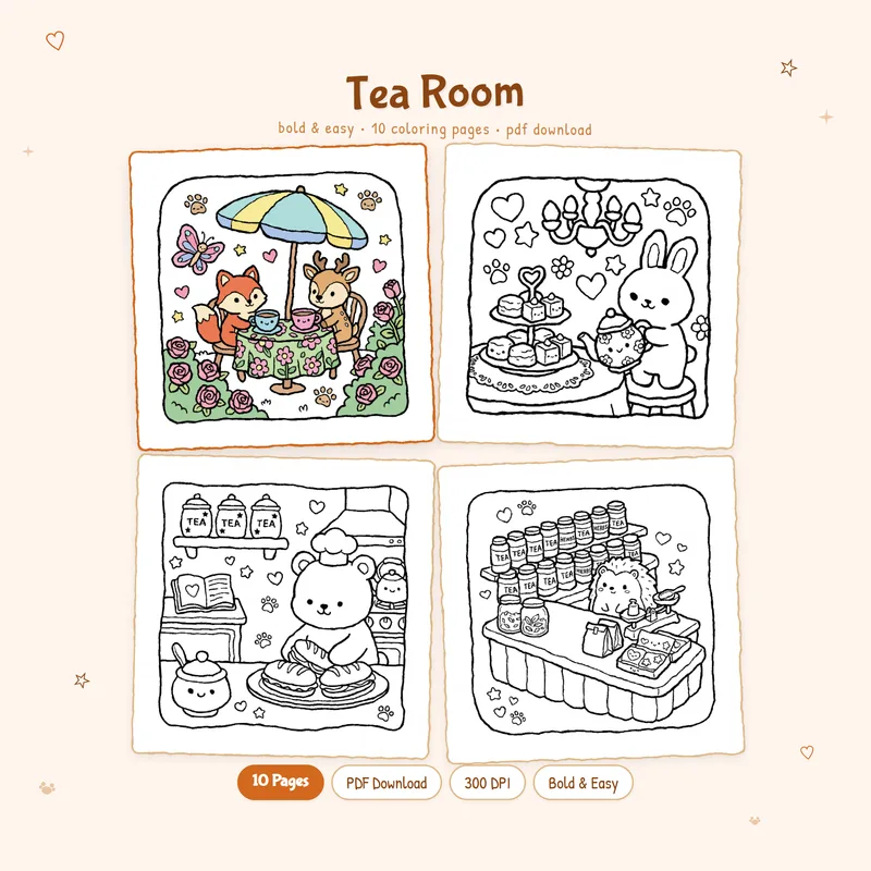 MiyoPages Tea Room coloring book cover with one colored page and three black and white previews for tea lover gifts