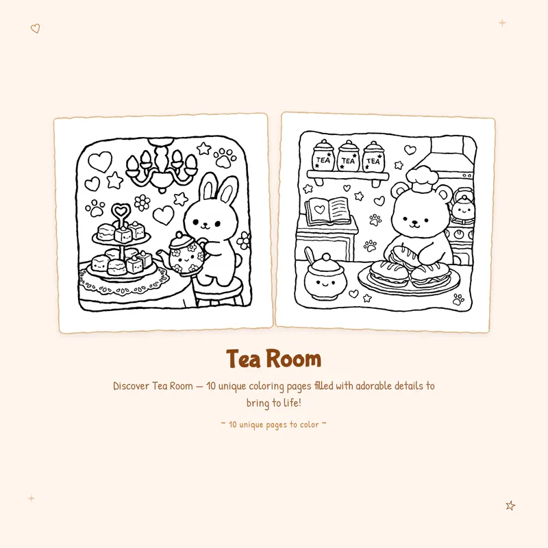 Easy Tea Room coloring book designs featuring bold outlines and simple layouts for a relaxing digital download experience
