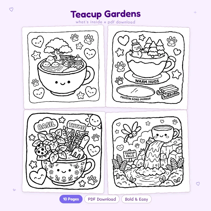 Four Teacup Gardens coloring pages in a grid showing miniature worlds inside cups and tiny floral garden scenes