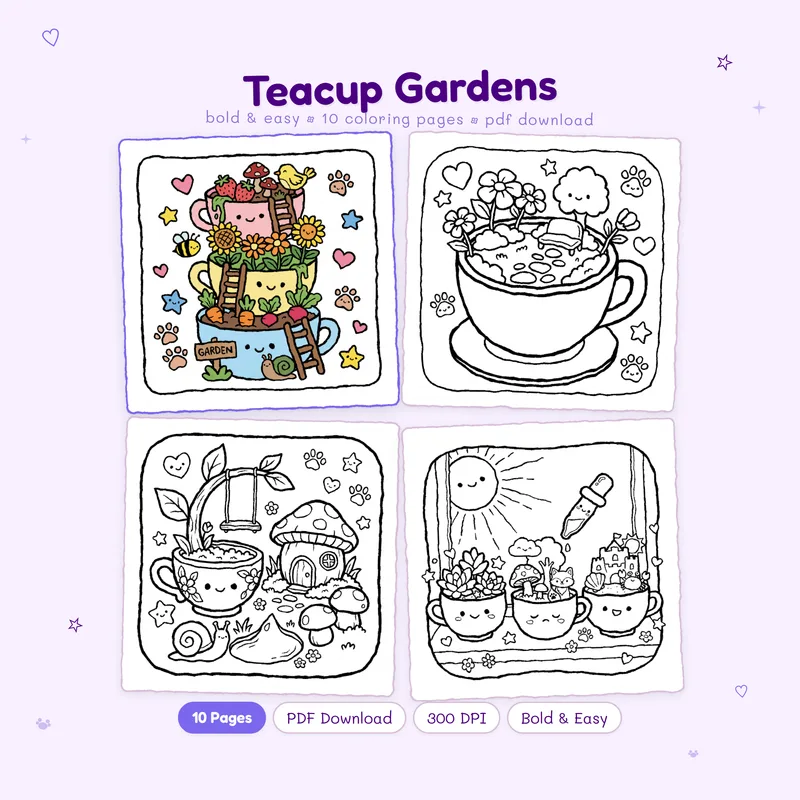 Teacup Gardens coloring book by MiyoPages showing a cute cover and several black and white sample coloring pages