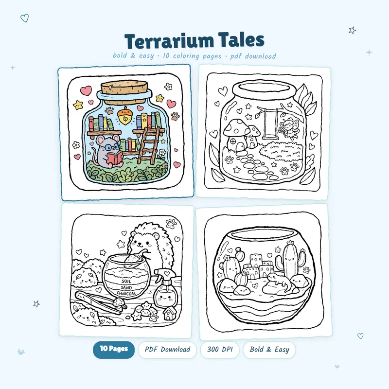 Terrarium Tales coloring book by MiyoPages featuring cute miniature worlds and black and white coloring pages