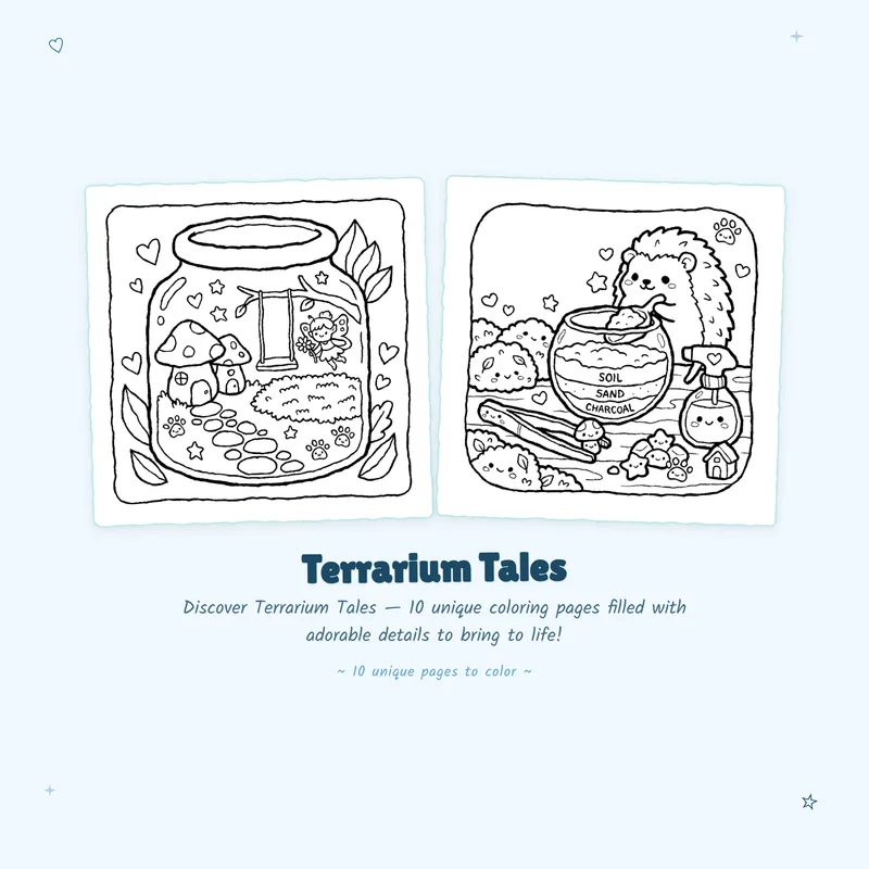 Bold outlines and easy designs in the Terrarium Tales coloring book perfect for relaxing miniature art lovers