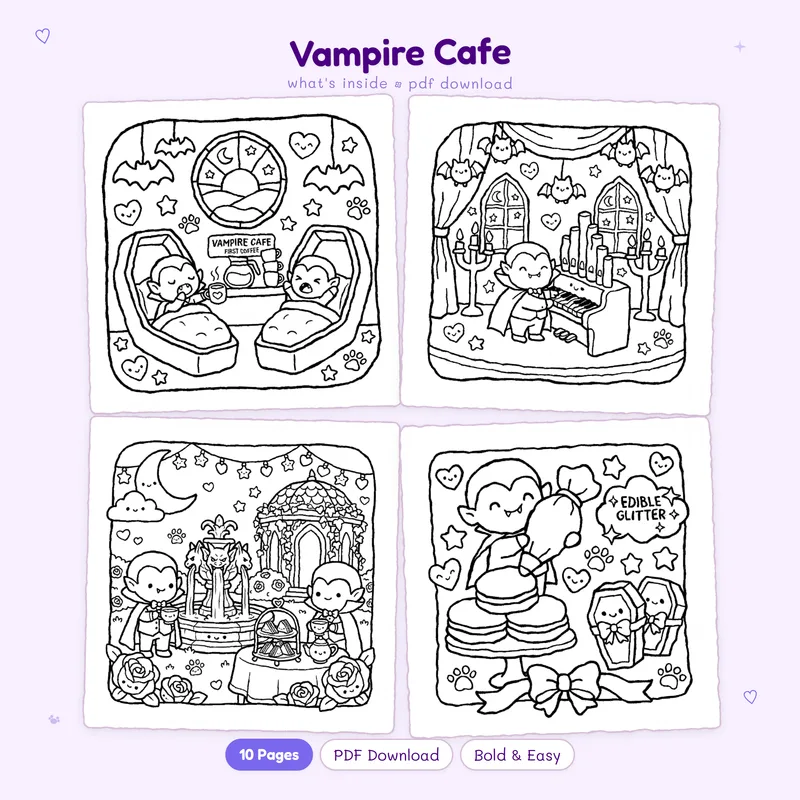 A four page grid of black and white Vampire Cafe coloring pages with cute bats and spooky treats for kids or adults