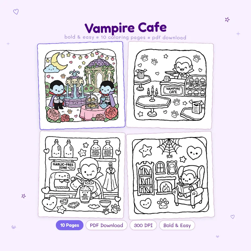 MiyoPages Vampire Cafe coloring book cover featuring a colored sample and three black and white preview pages