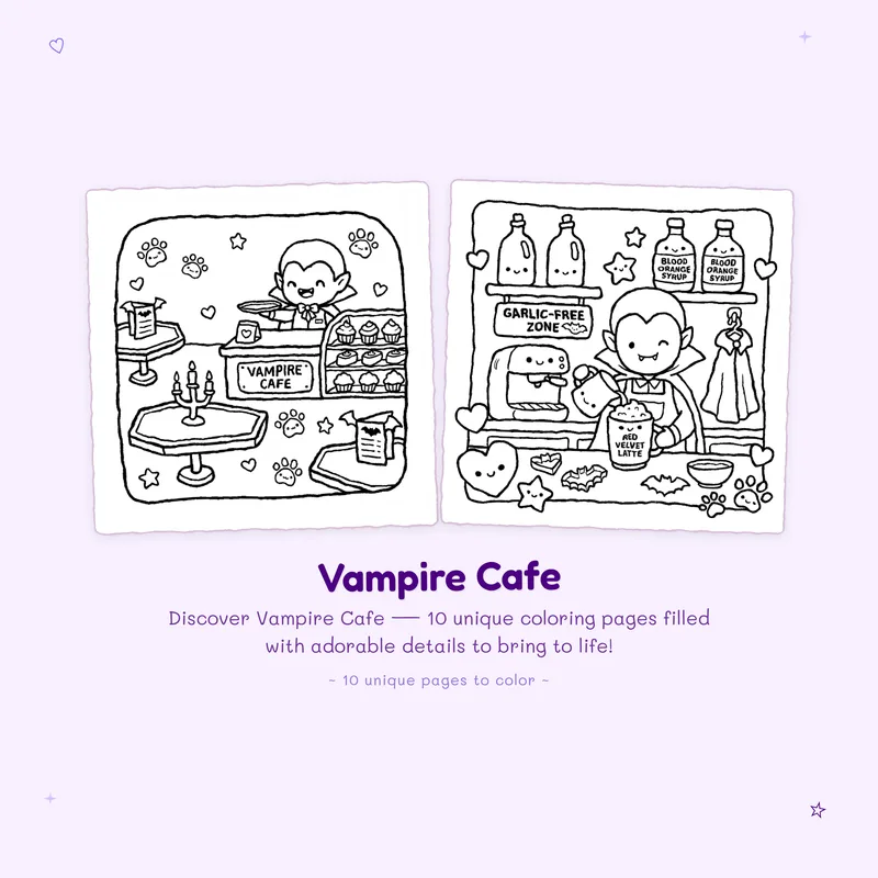 Vampire Cafe coloring book samples with bold outlines and easy designs perfect for markers or crayons