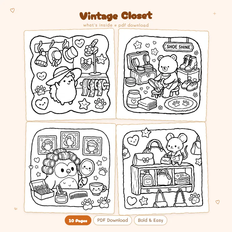 Four black and white Vintage Closet coloring pages in a grid layout showing various cute fashion designs