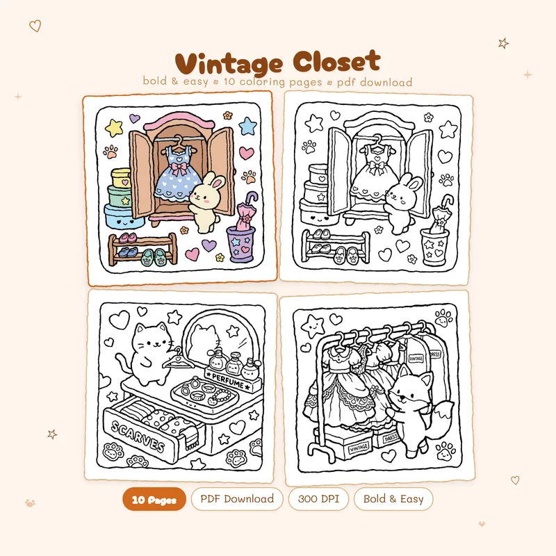 Vintage Closet coloring book by MiyoPages featuring a colorful cover and black and white interior pages