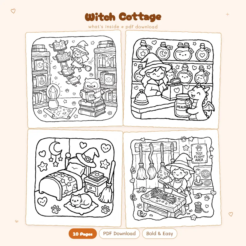 Four black and white Witch Cottage coloring pages in a grid layout featuring cute spooky cottage designs