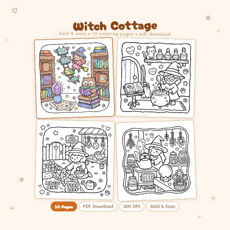 Witch Cottage coloring book by MiyoPages featuring a cute cover and black and white interior sample pages