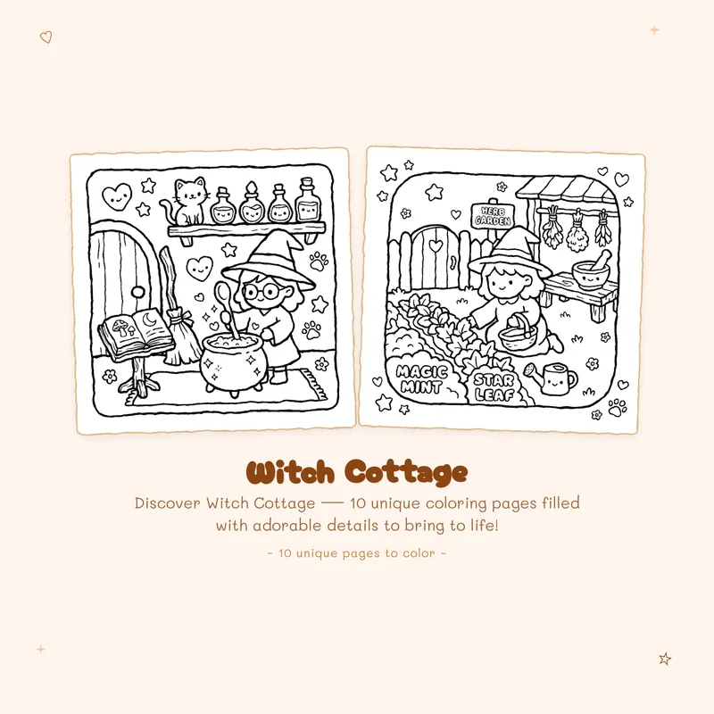 Bold outlines and easy Witch Cottage coloring book designs perfect for relaxation and simple creative fun