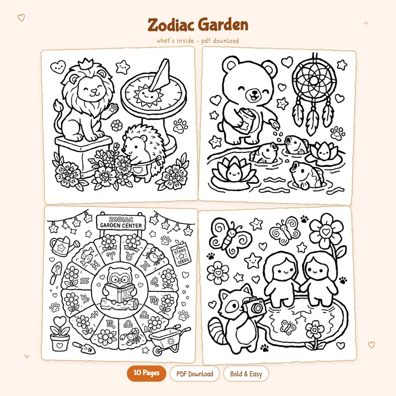 A grid of four black and white zodiac garden coloring pages with cute celestial floral and star themed line art