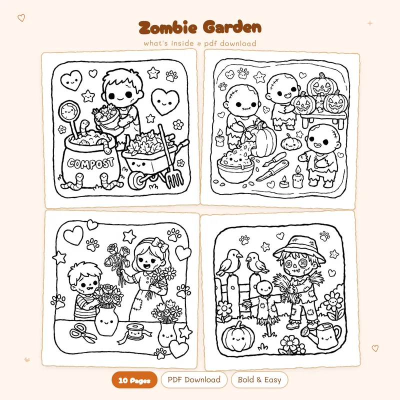 Four sample black and white coloring pages from the Zombie Garden collection featuring cute undead plants and monsters