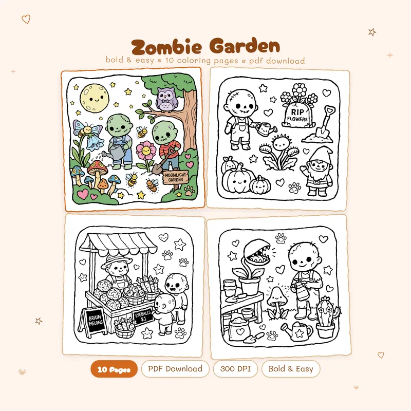 MiyoPages Zombie Garden coloring book cover with spooky cute characters and printable black and white preview pages