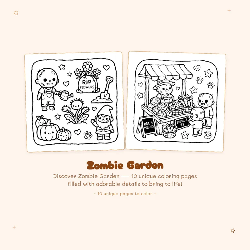 Zombie Garden coloring pages with bold outlines and simple designs perfect for a fun spooky cute halloween gift